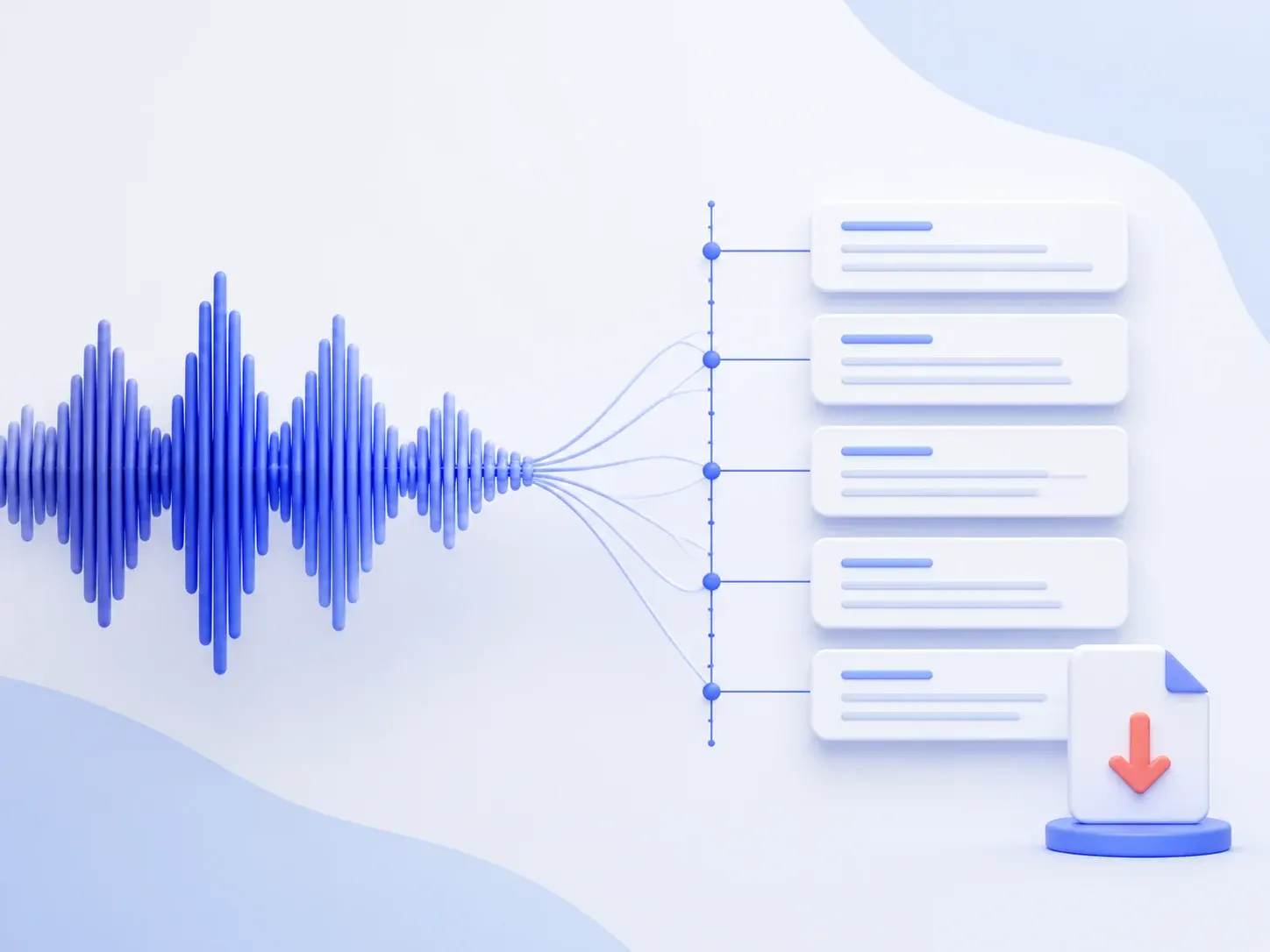 Audio waveform transforming into timestamped SRT subtitle cue cards