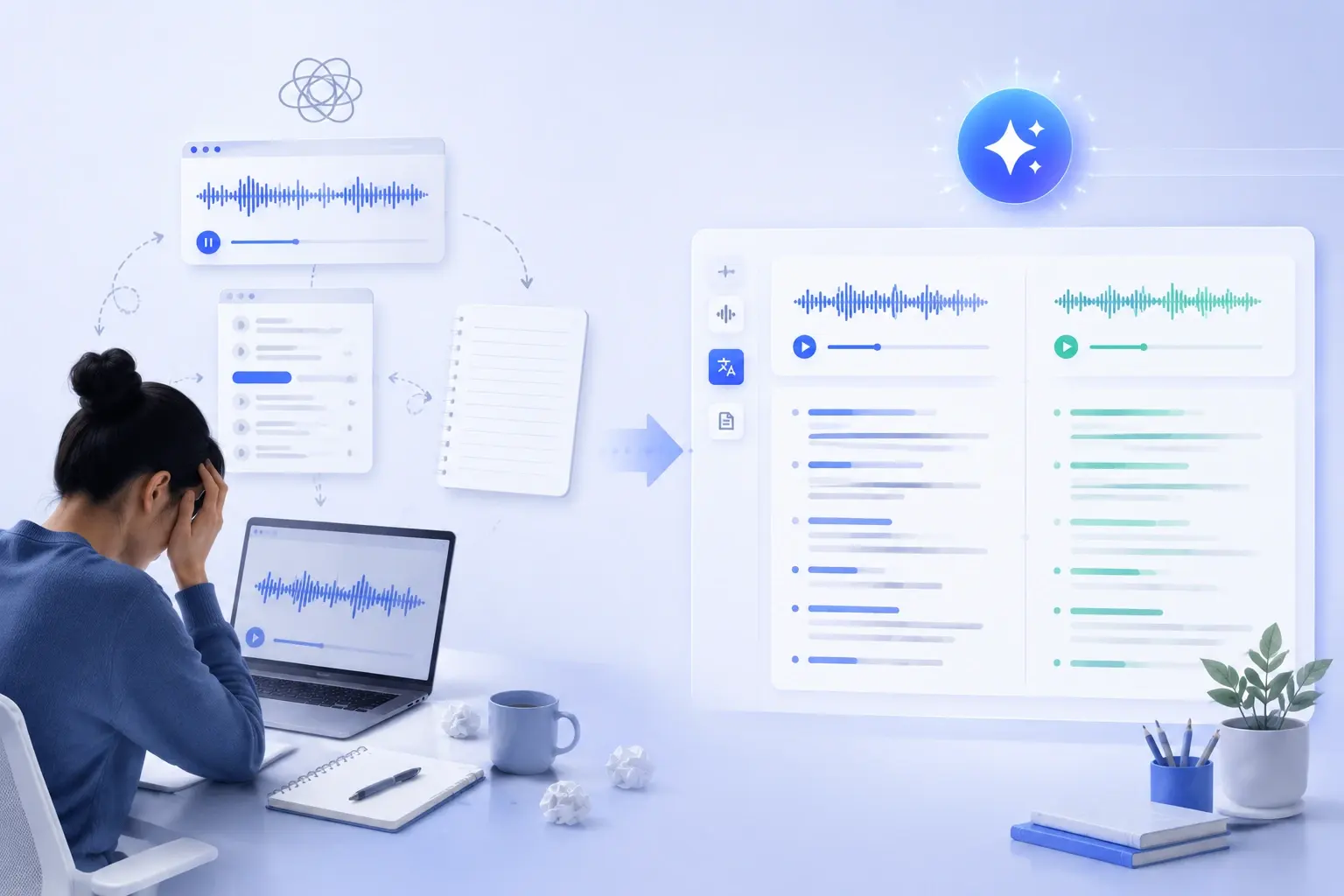 Audio translation workspace replacing manual replay and note-taking
