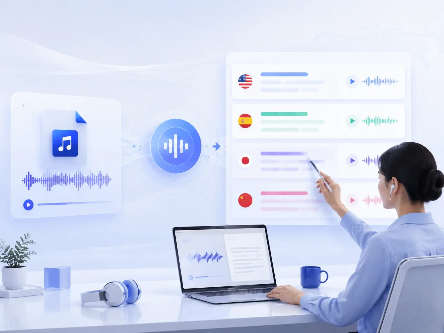A person using an audio translator to convert a recording into multiple languages