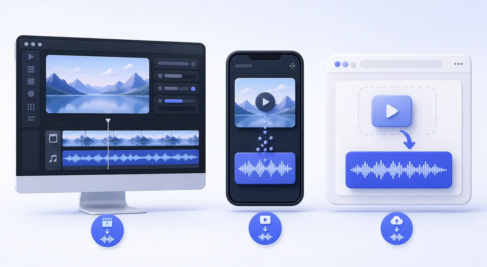 Desktop editor, smartphone, and web browser showing three video to audio extraction methods