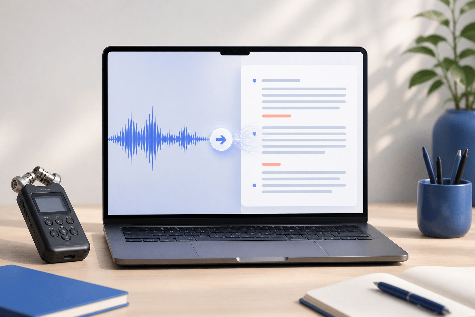 Audio waveform transforming into a clean editable transcript on a laptop