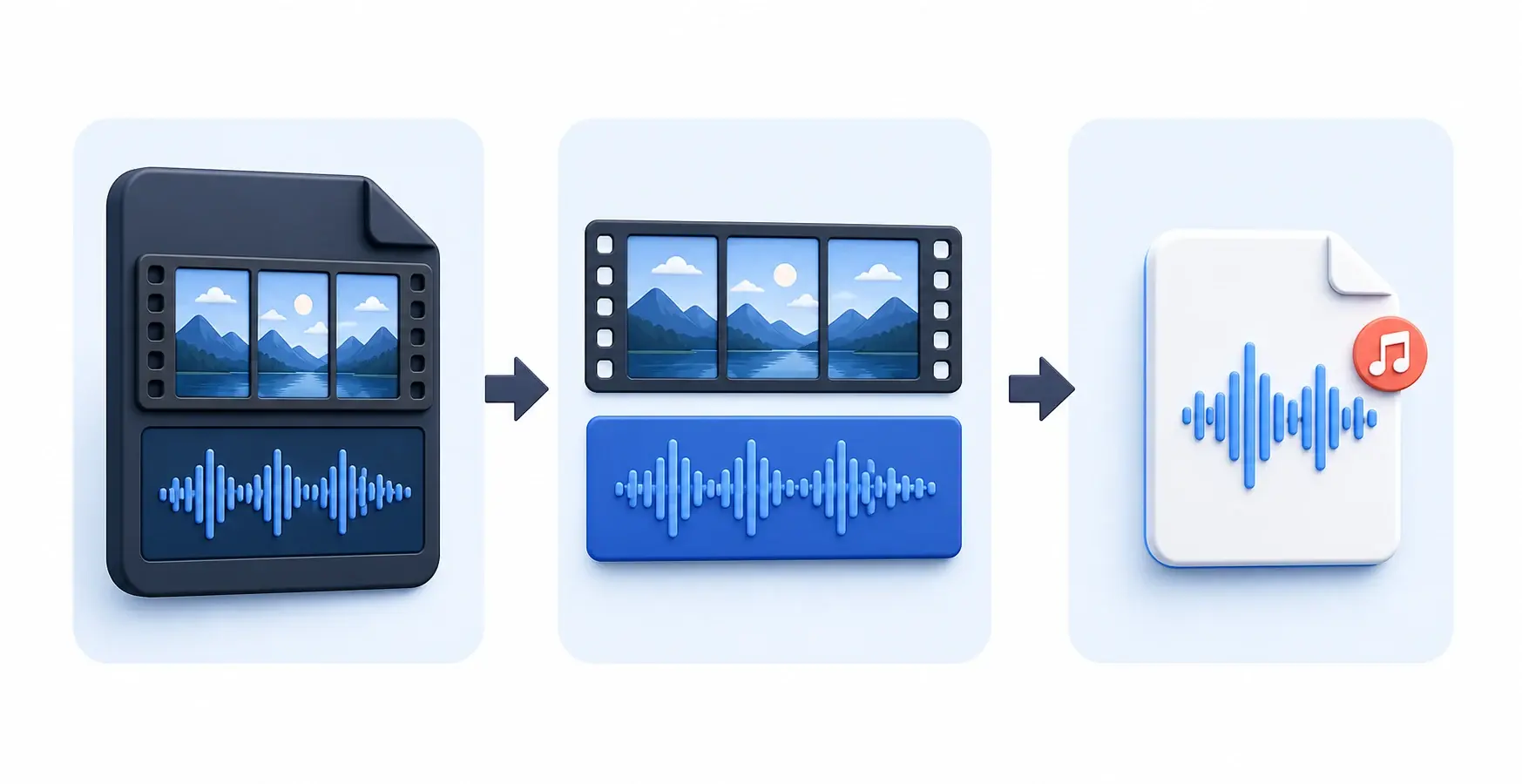 Three-stage diagram showing video and audio streams separating into a standalone audio file