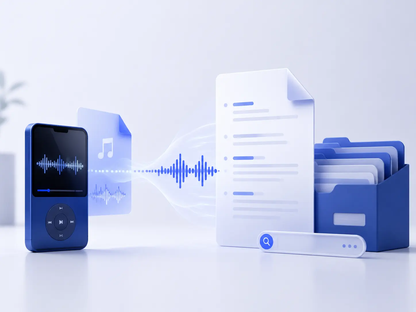 Audio player and MP3 file transforming into a searchable transcript beside an organized document archive