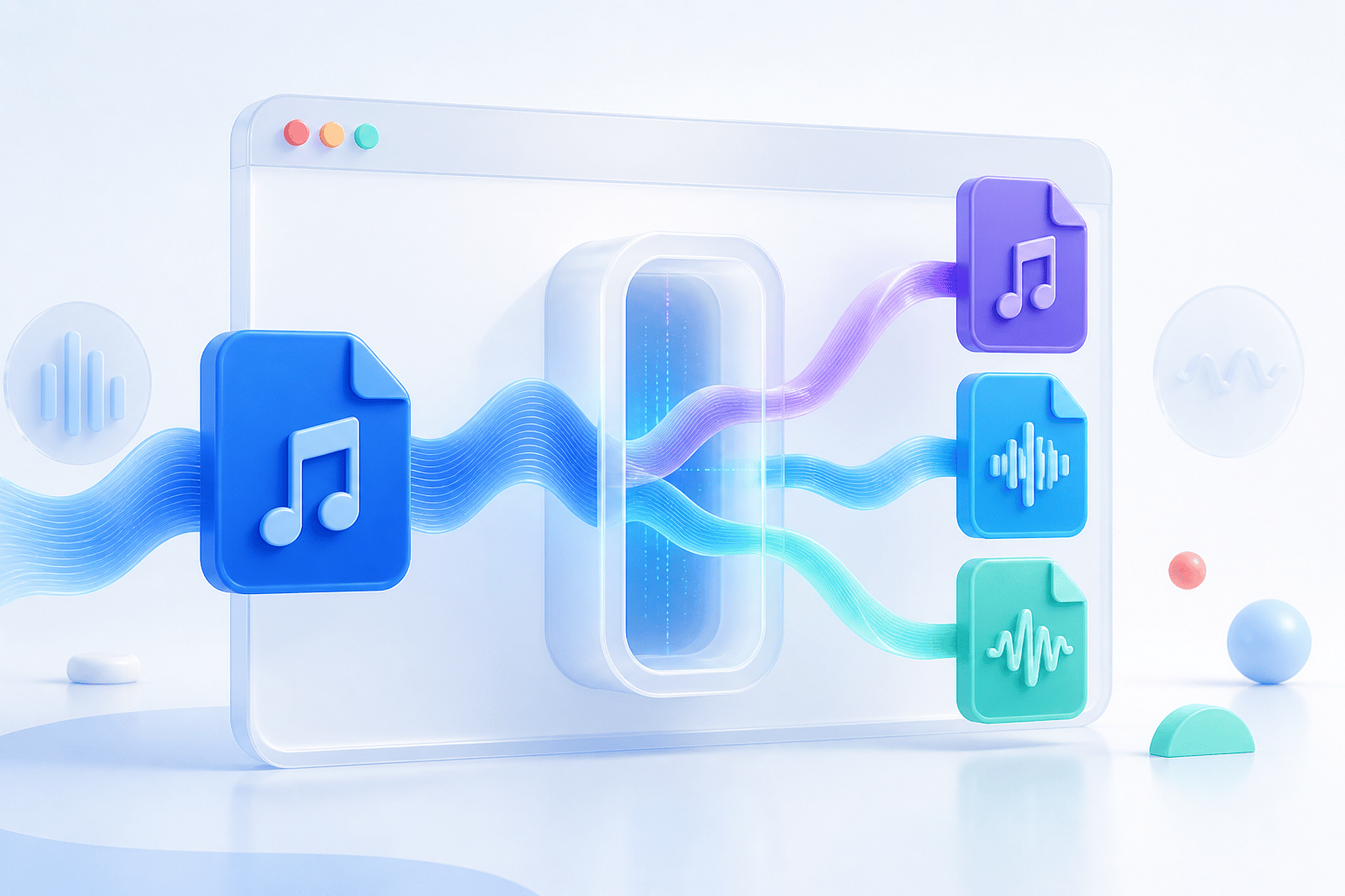 Audio file moving through an online conversion gateway into three output formats