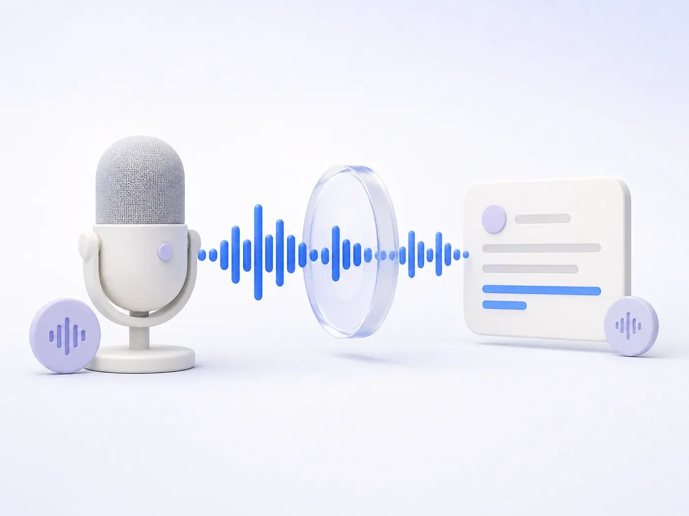 Voice cloning workflow from a microphone sample through an AI waveform to generated speech