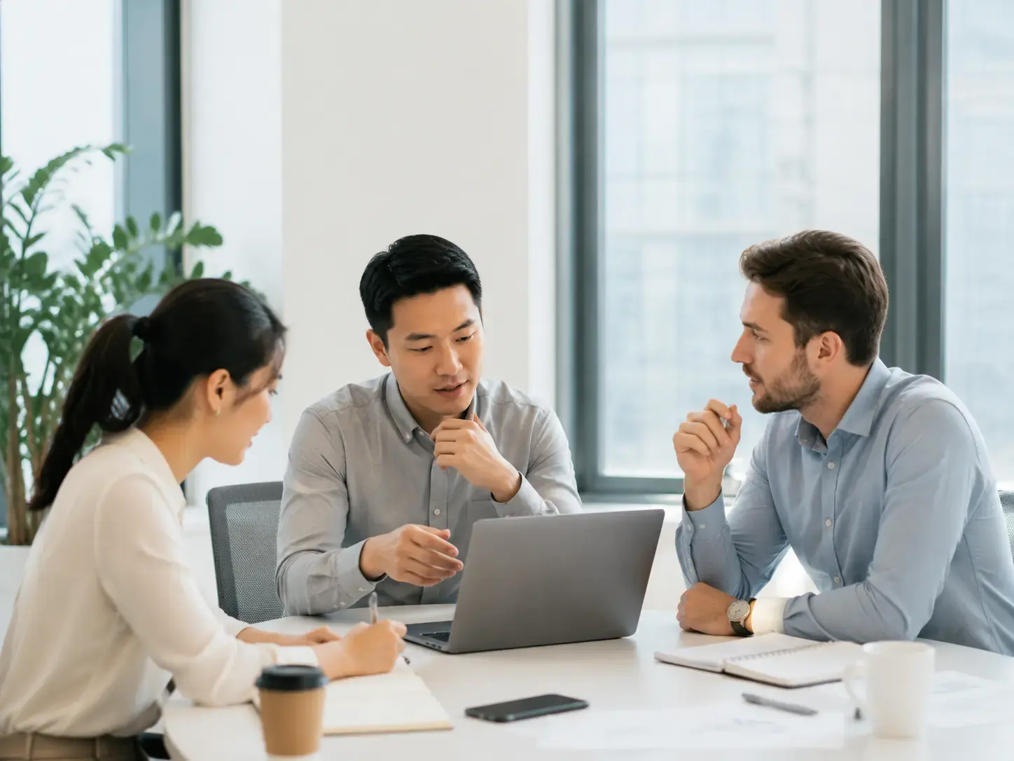 Business team meeting in a bright office discussing transcript notes around a laptop