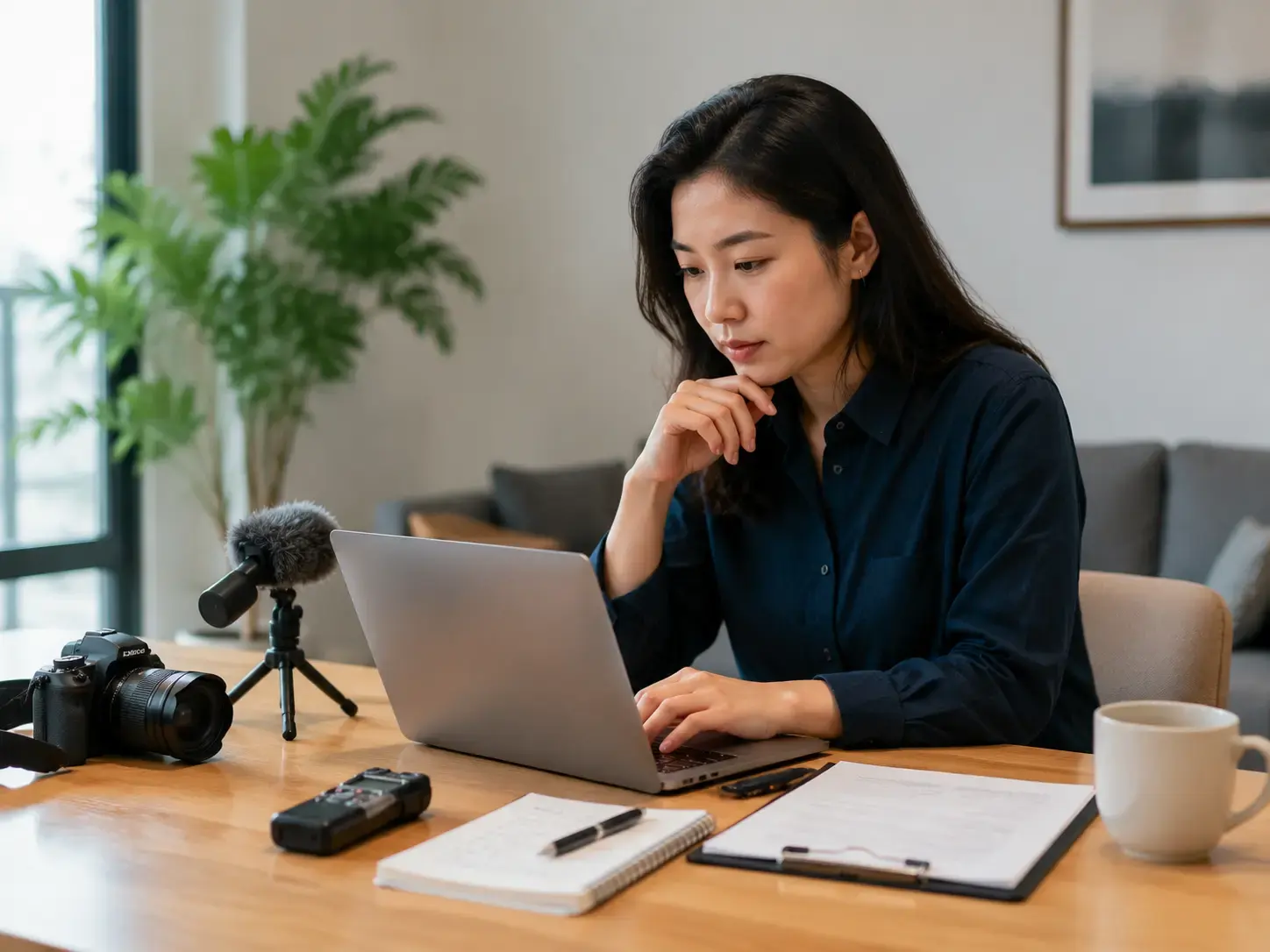 Journalist or researcher reviewing interview notes beside a laptop, camera, and microphone