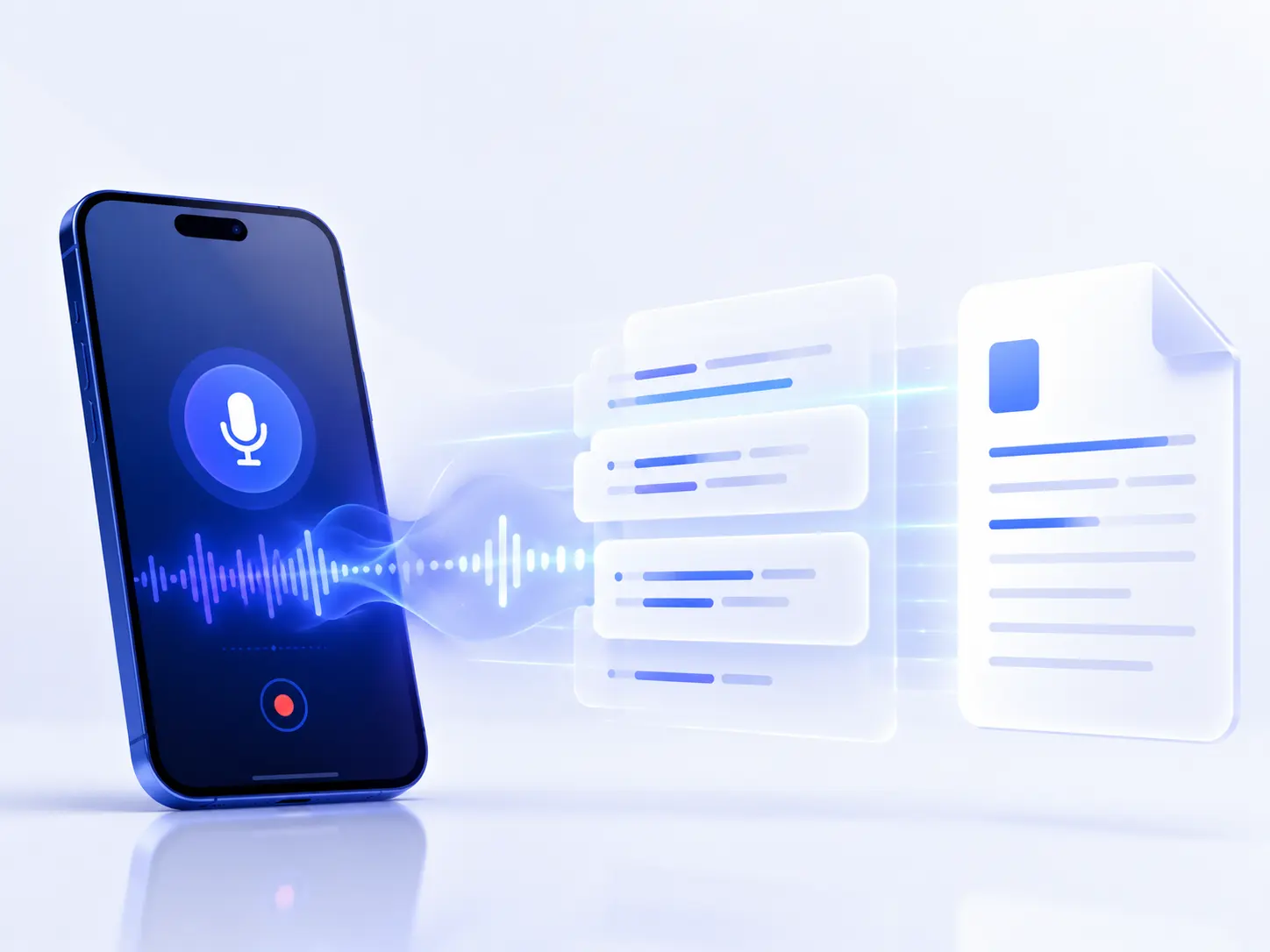 A smartphone voice recording transforming into an organized written transcript