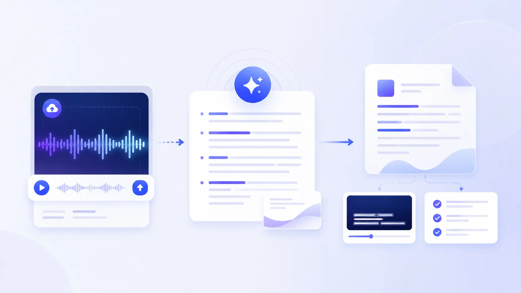 Three-stage workflow showing audio upload, AI transcription, and document export